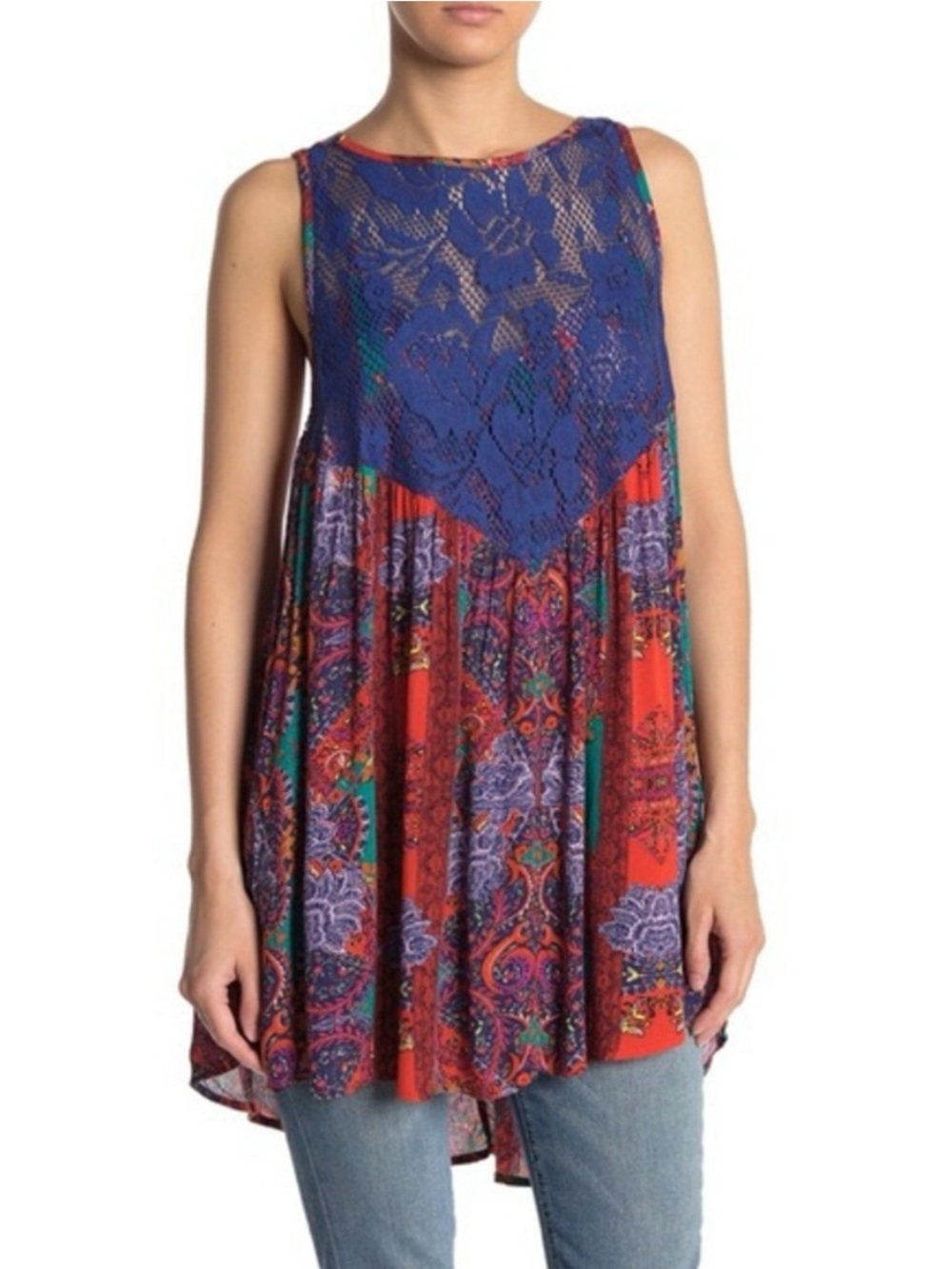 Intimately Free People Count Me In Tank / Tunic with Blue Lace Yoke